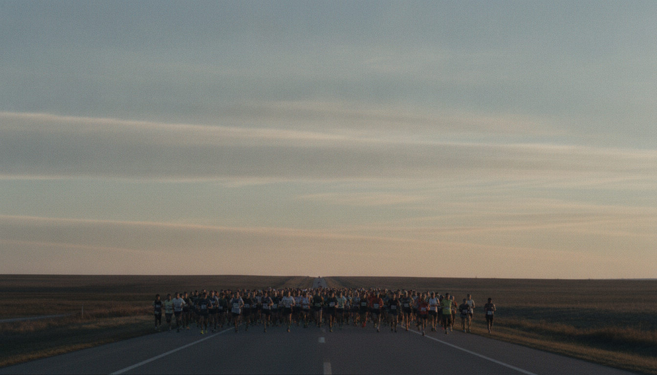 Distant start line of a road race seen from behind, early morning