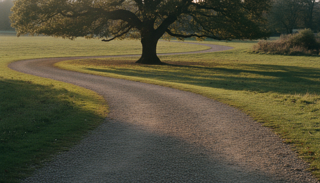 A bend in a park path with a distinctive tree ahead, used as a landmark to surge to