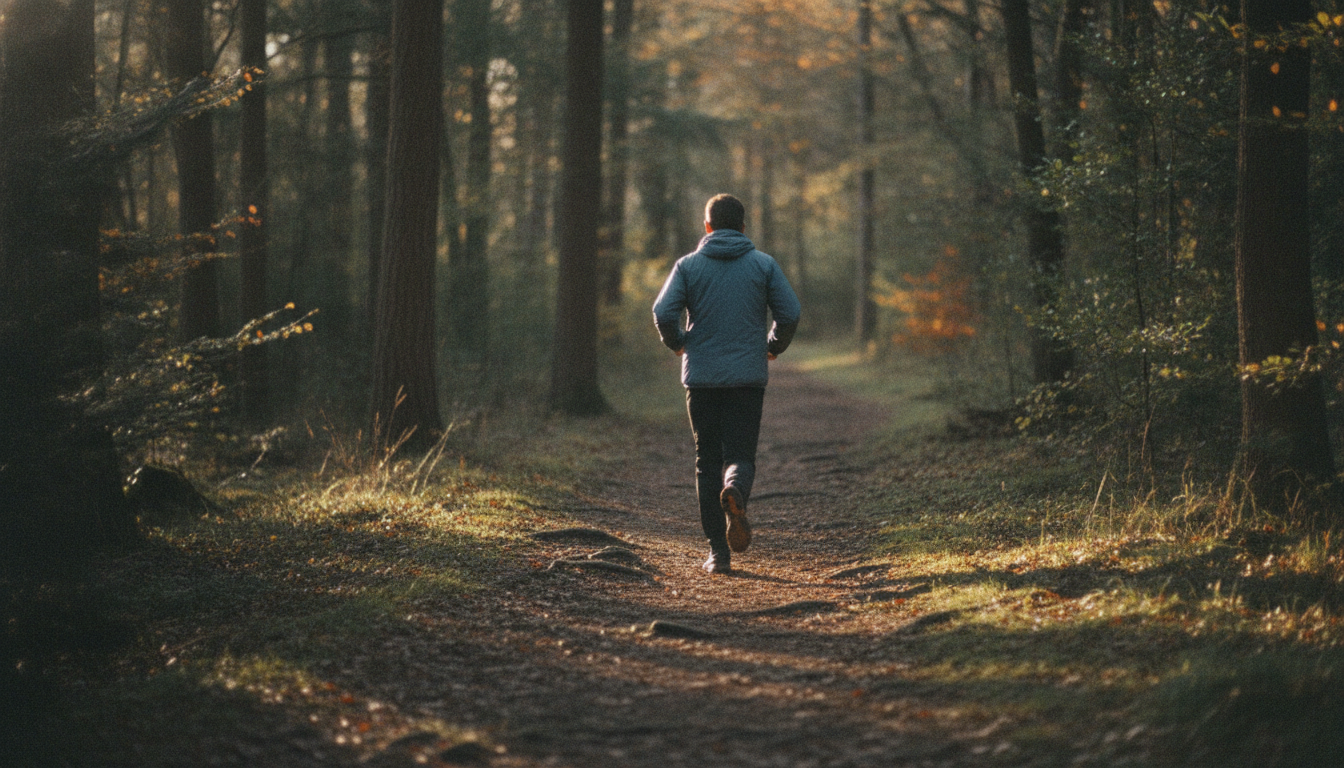 Runner on a woodland trail in low side light, mid-stride