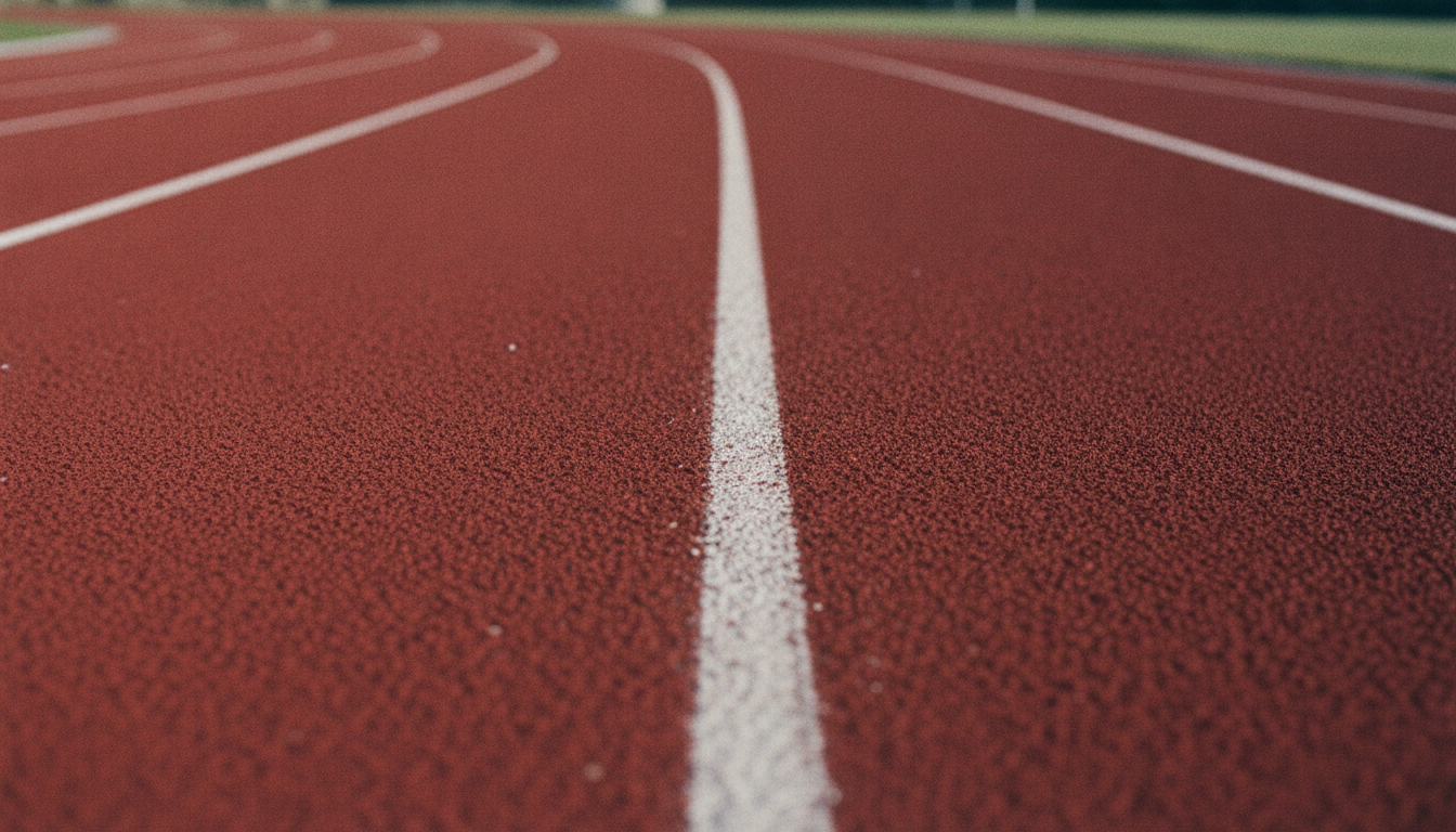Low angle along the painted lane lines on the bend of an athletics track