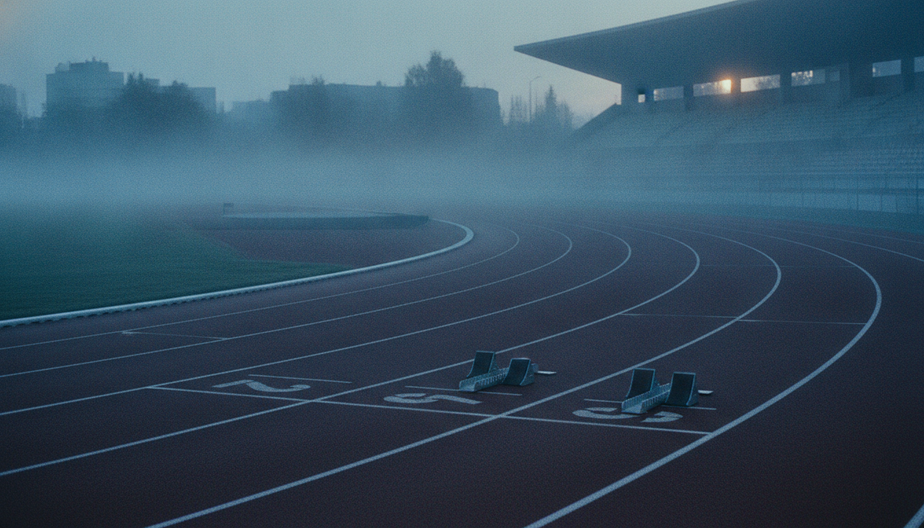 Empty athletics track lanes in early morning mist