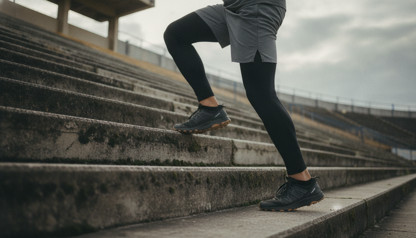 Runner's legs stepping up a flight of weathered stadium stairs