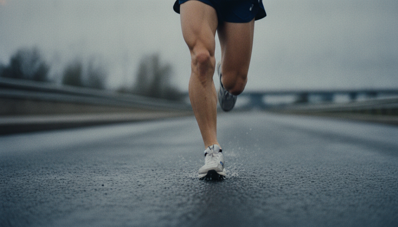 Close detail of a runner's lower leg and knee mid-stride on asphalt