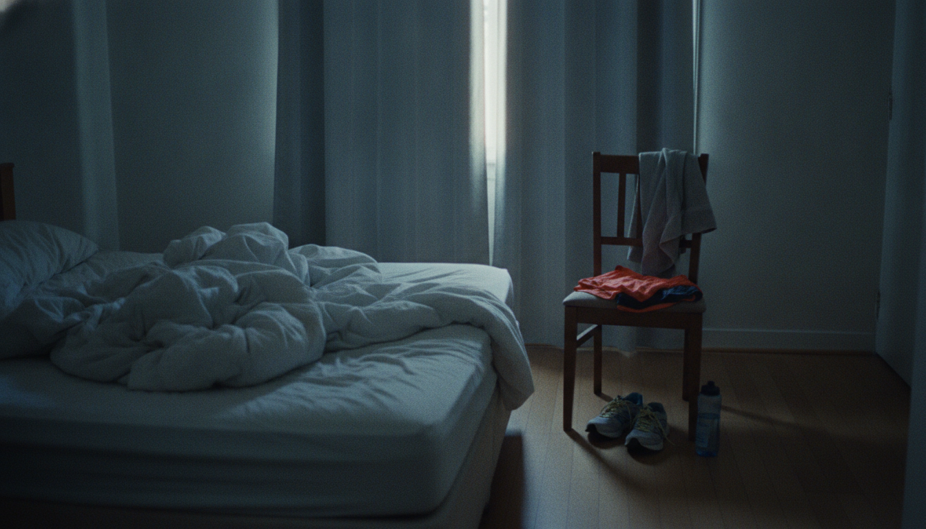 Rumpled bed at first light with running kit laid out untouched on a chair