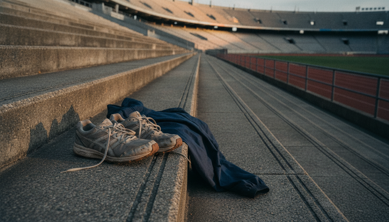 Running shoes and a discarded jacket on empty stadium steps at dusk
