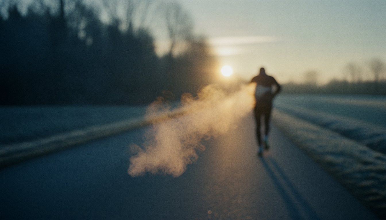 Breath condensing in cold morning air above a quiet road