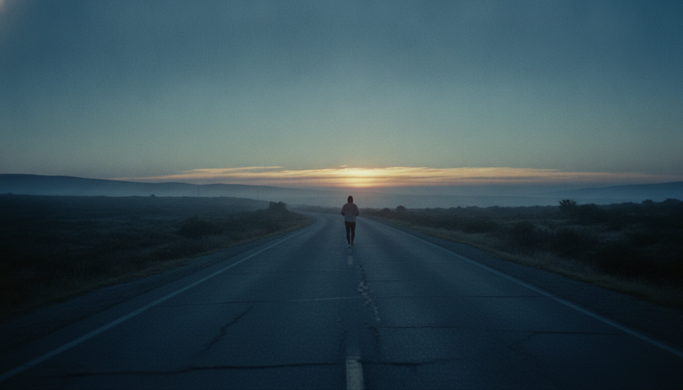 Runner at an easy pace on an open road at dawn, seen from a distance