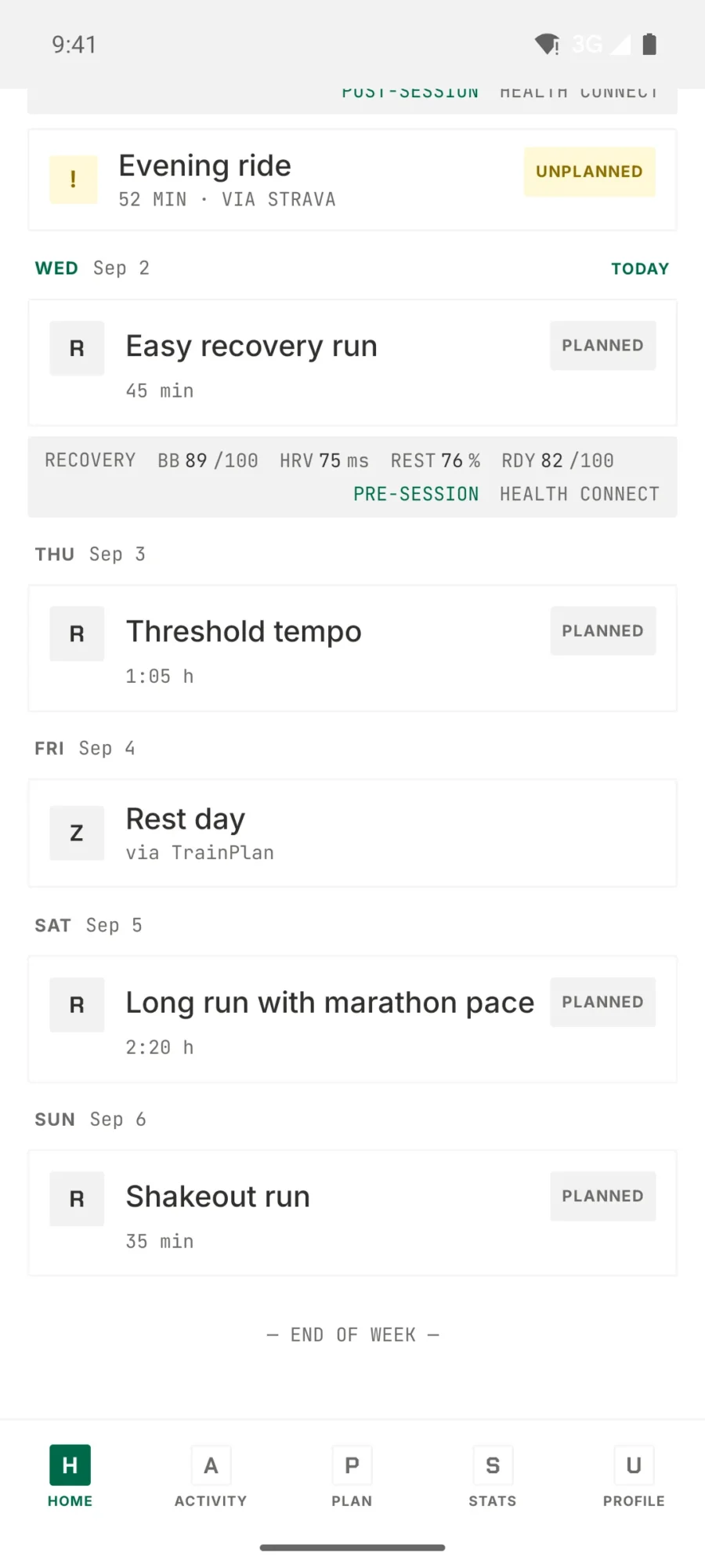 TrainPlan week timeline listing planned sessions alongside an unplanned activity synced from Strava