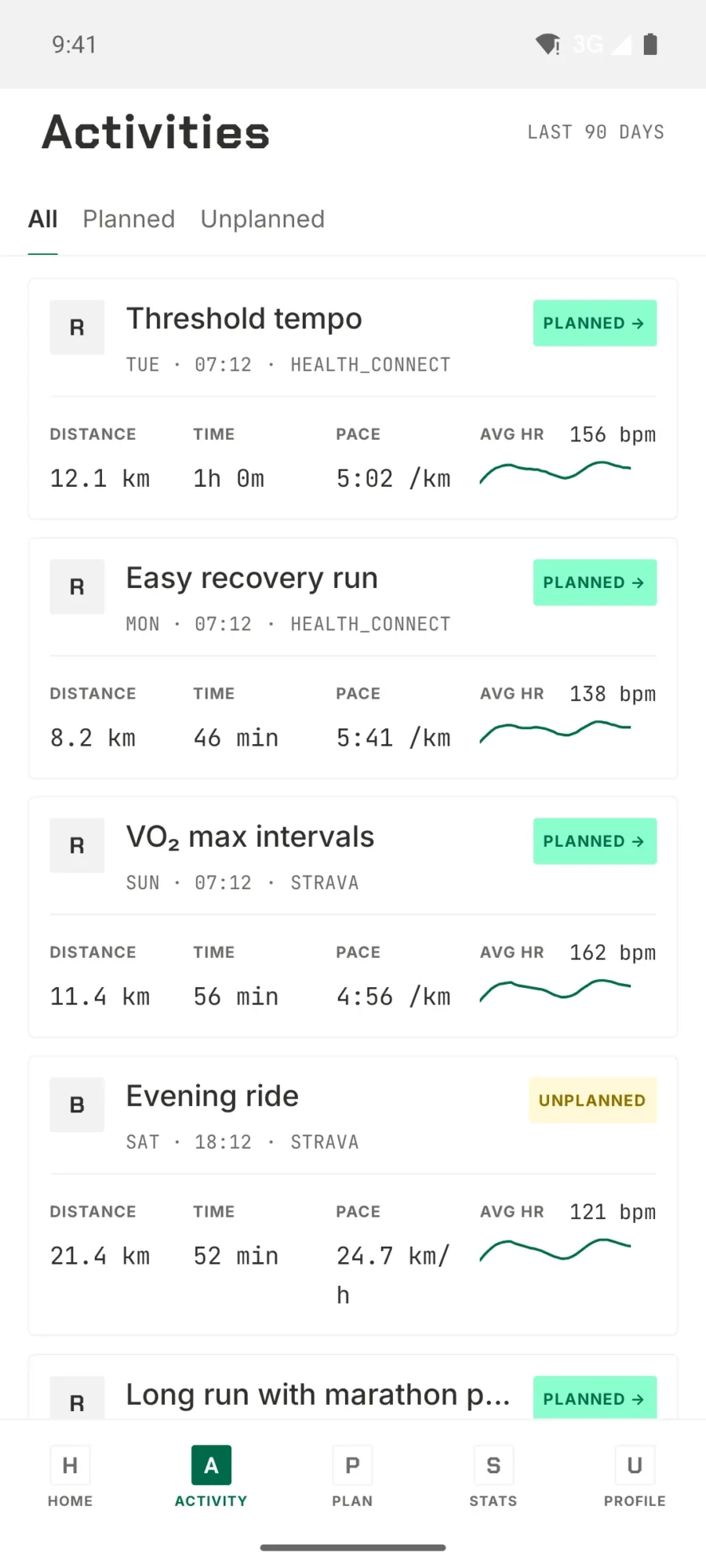 TrainPlan activities list showing planned and unplanned runs from the last 90 days with distance, pace and heart rate