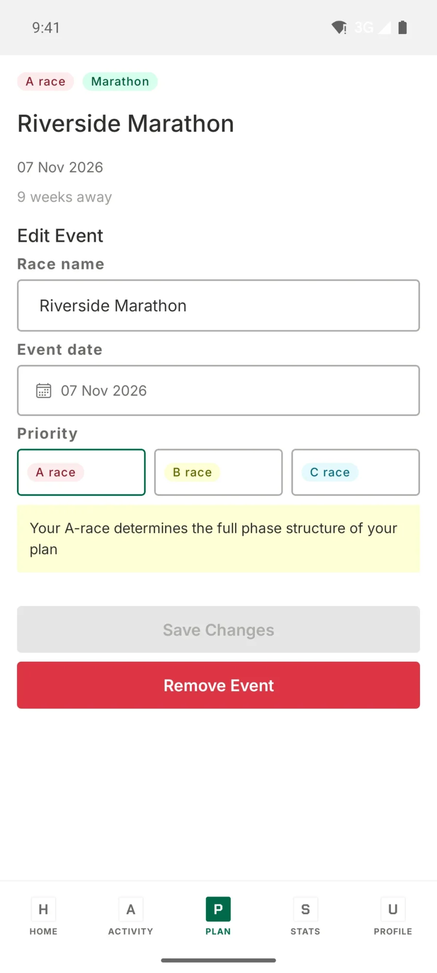 TrainPlan race event screen with race name, date and an A, B or C priority selector