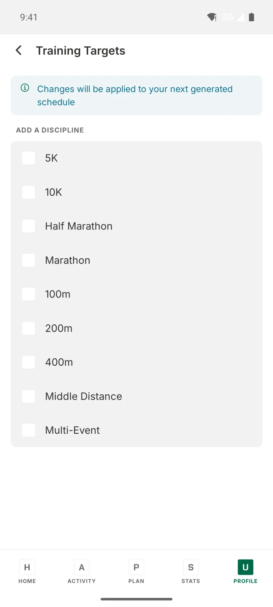 TrainPlan training targets screen listing 5K, 10K, half marathon, marathon, 100m, 200m, 400m, middle distance and multi-event