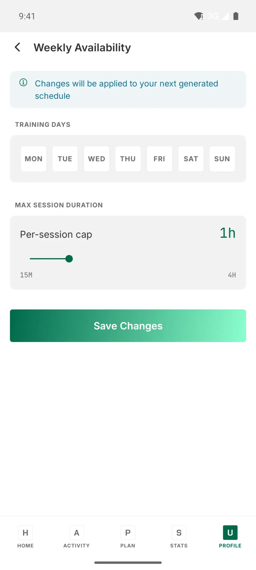 TrainPlan weekly availability screen with training-day toggles and a per-session duration cap