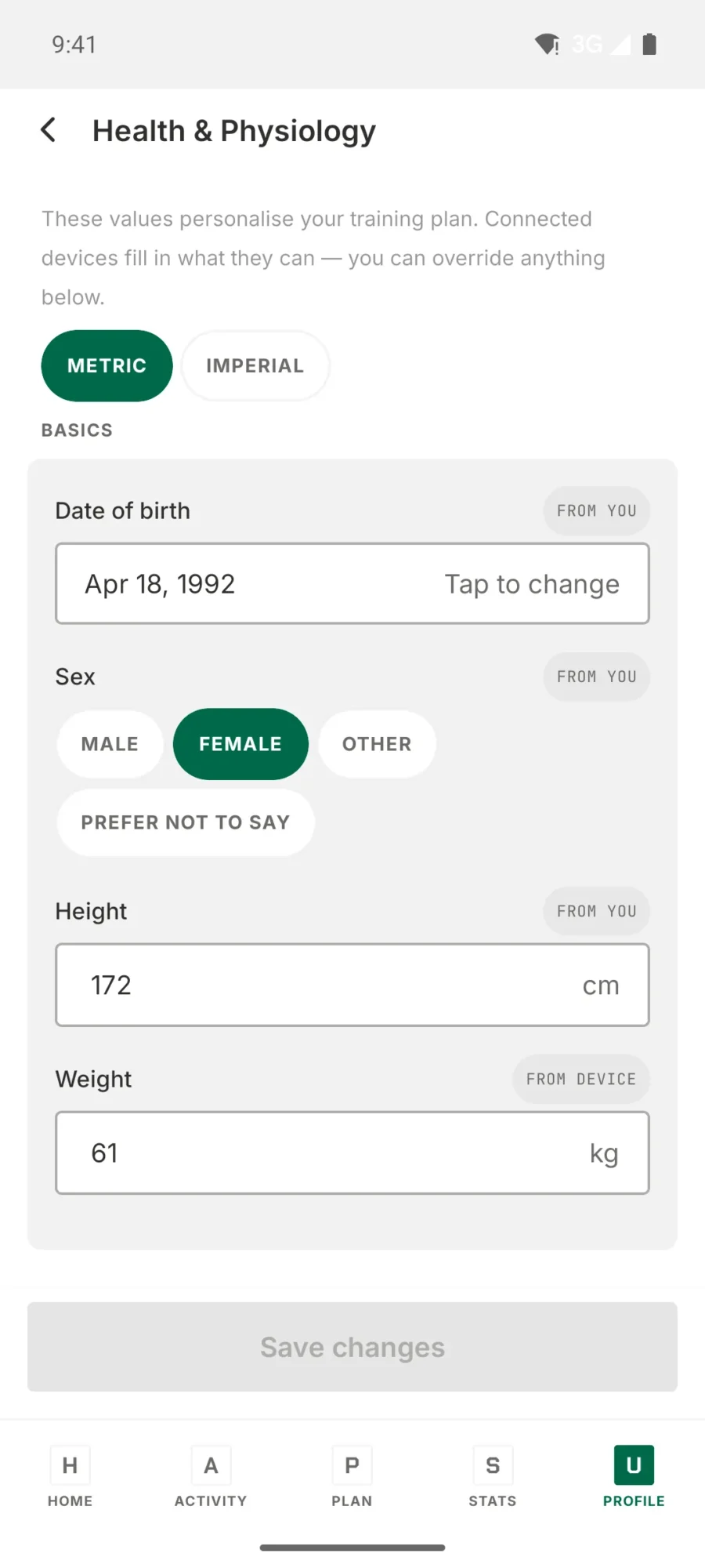 TrainPlan health and physiology screen showing date of birth, sex, height and weight with per-field data sources
