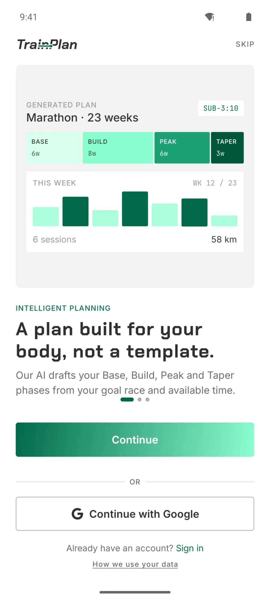 TrainPlan intro screen showing a generated 23-week marathon plan with base, build, peak and taper phases