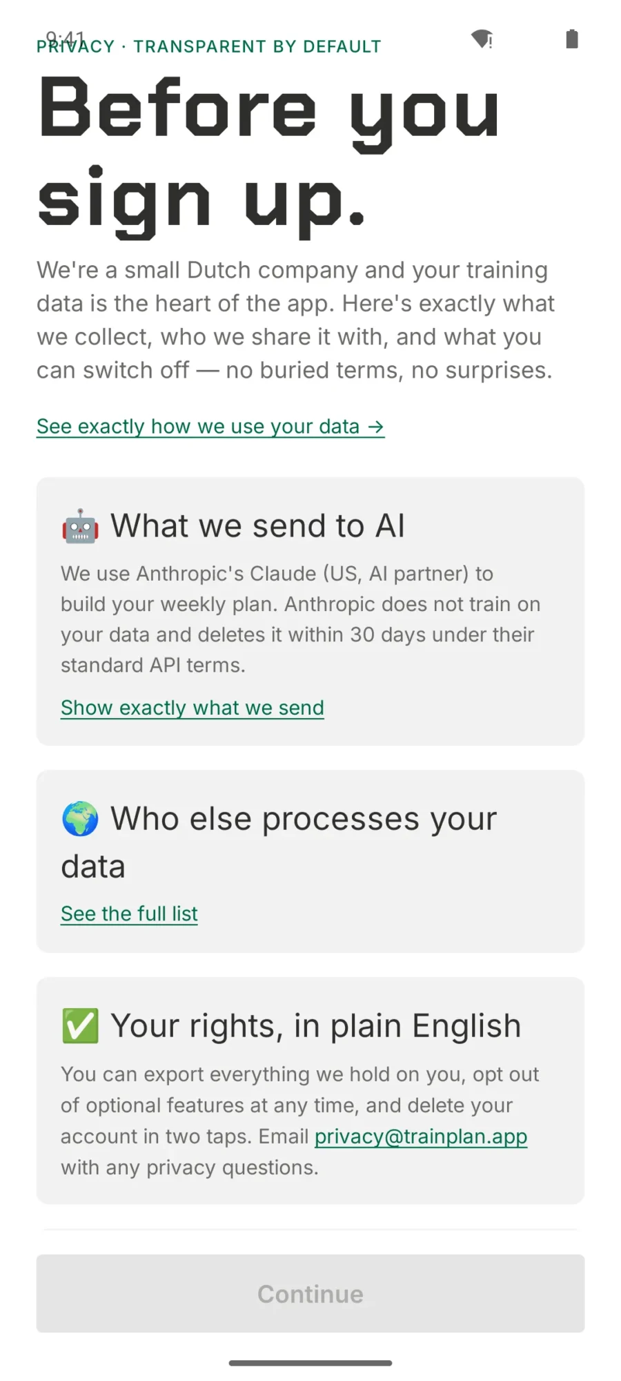 TrainPlan pre-signup privacy screen explaining what is sent to AI, who else processes the data and what rights you have