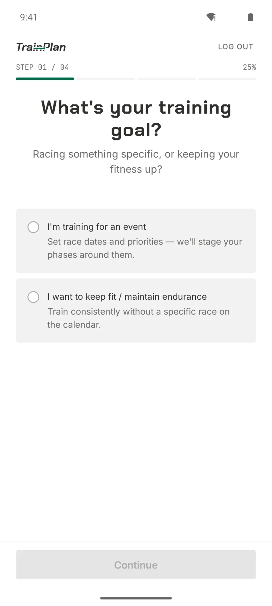 TrainPlan onboarding step one asking whether you are training for an event or maintaining fitness