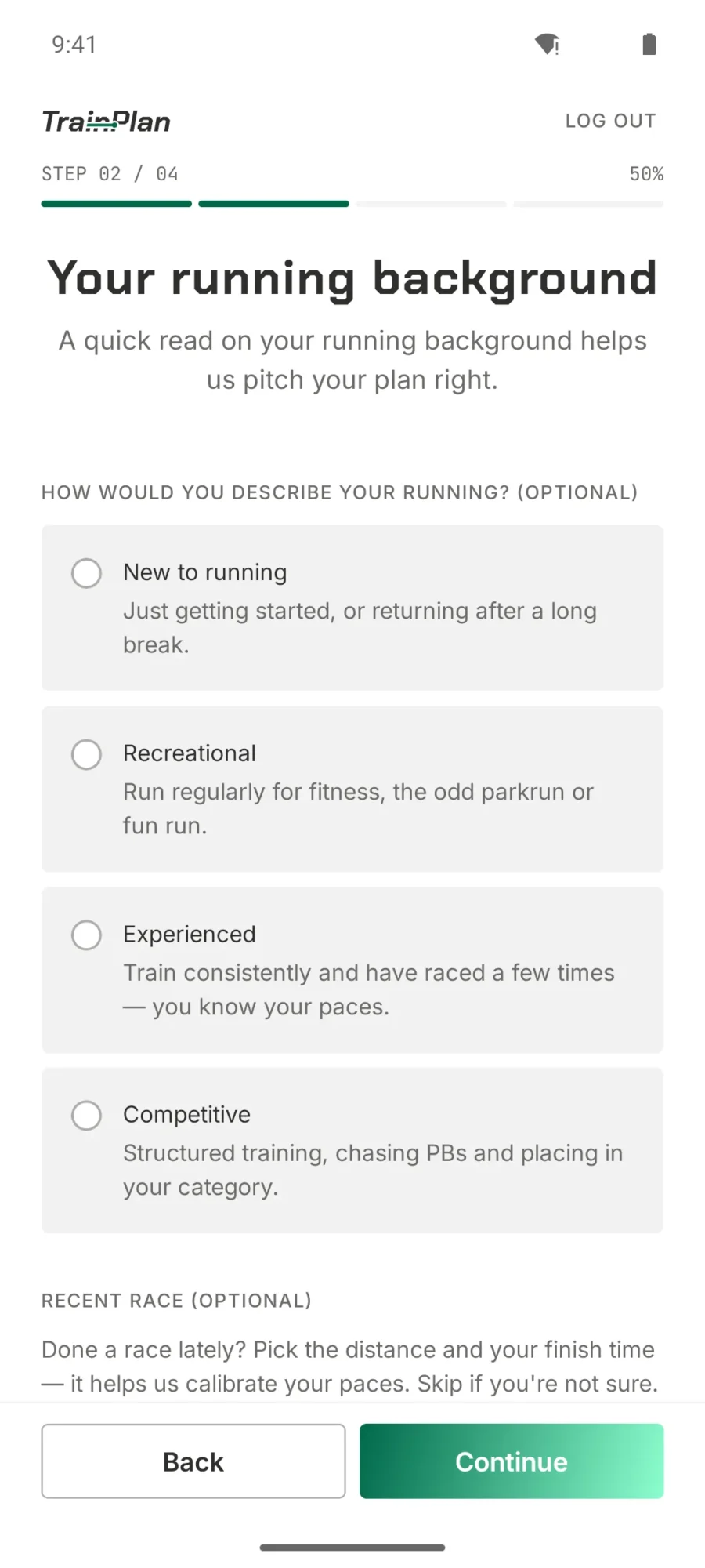 TrainPlan onboarding step two asking for your running background from new to competitive, plus a recent race
