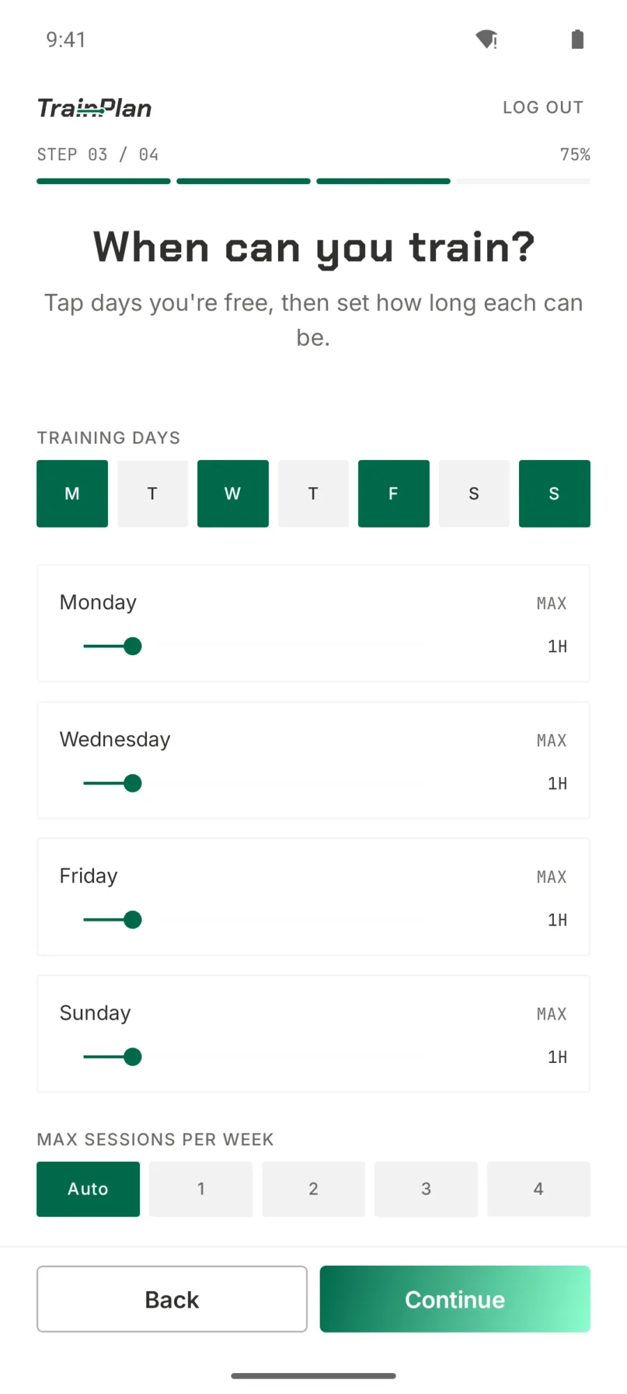 TrainPlan onboarding step three with training days selected and a maximum duration per day
