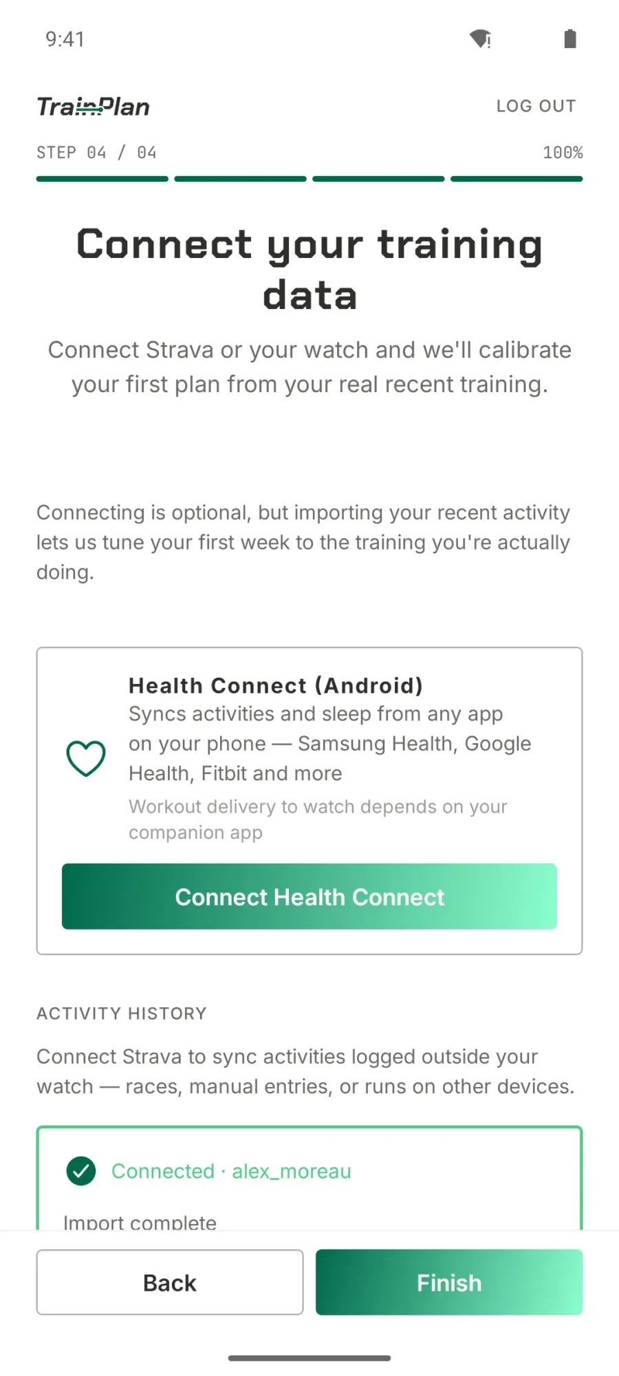 TrainPlan onboarding step four offering Health Connect and Strava to import recent training