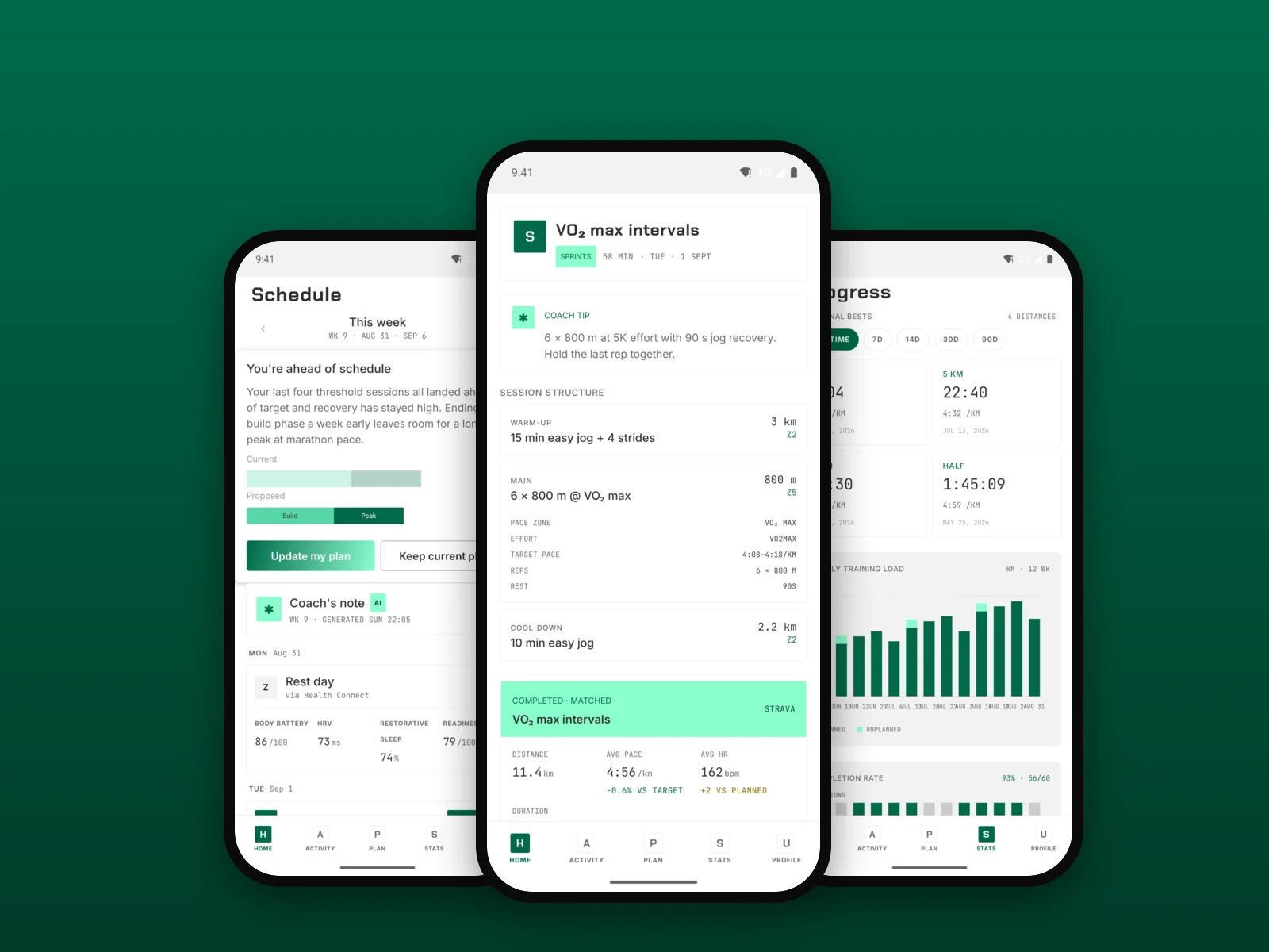 Three TrainPlan app screens side by side: the weekly schedule, a session breakdown and the progress dashboard