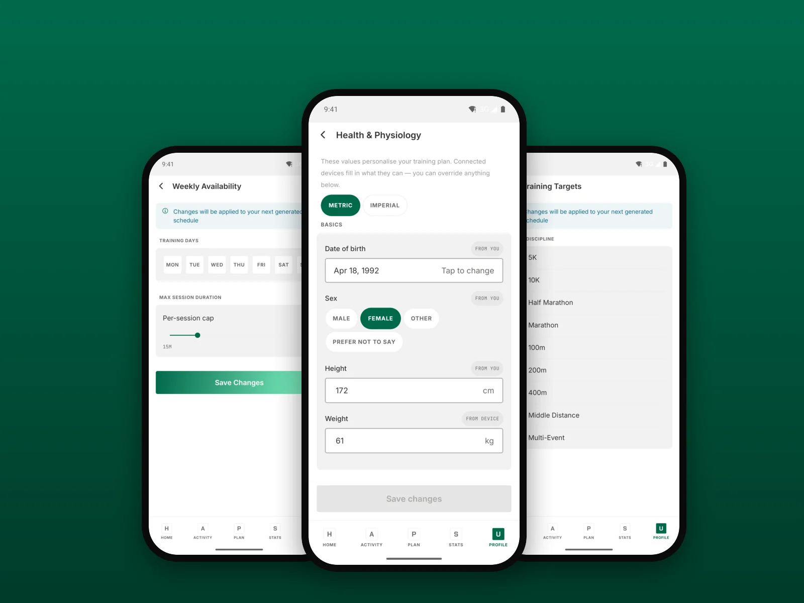 Three TrainPlan app screens: weekly availability, the training-target list, and the health and physiology profile