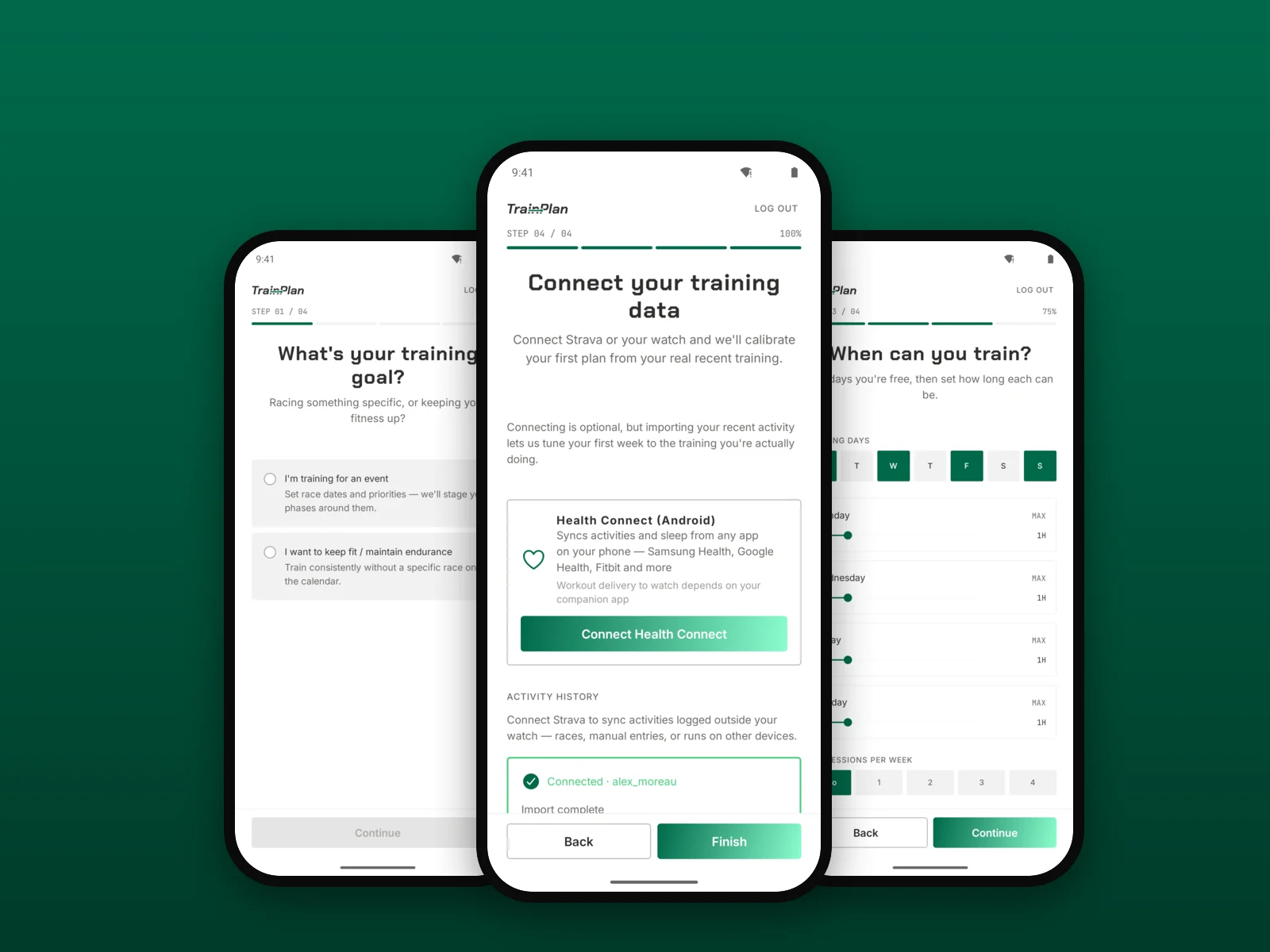 Three TrainPlan onboarding screens: choosing a goal, marking the days you can train, and connecting Strava or Health Connect