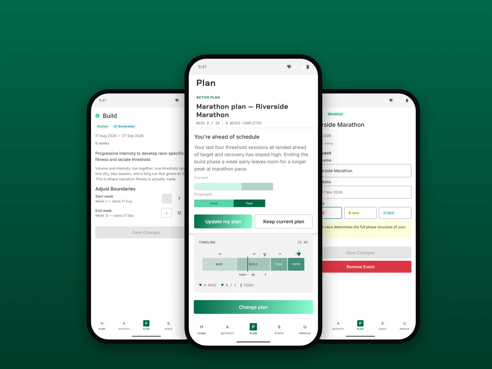 Three TrainPlan app screens: the phased plan timeline, a race event with its priority, and a plan phase description