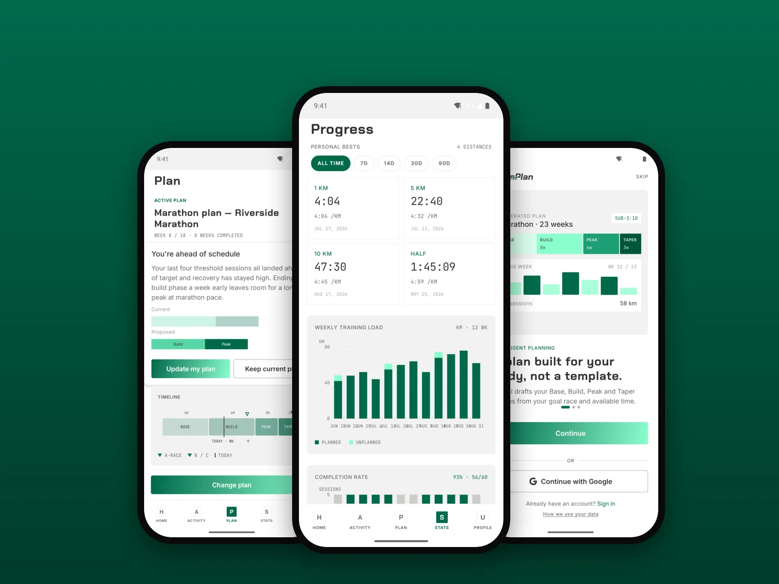 Three TrainPlan app screens: the full phased plan, the generated plan on the intro screen, and the progress dashboard