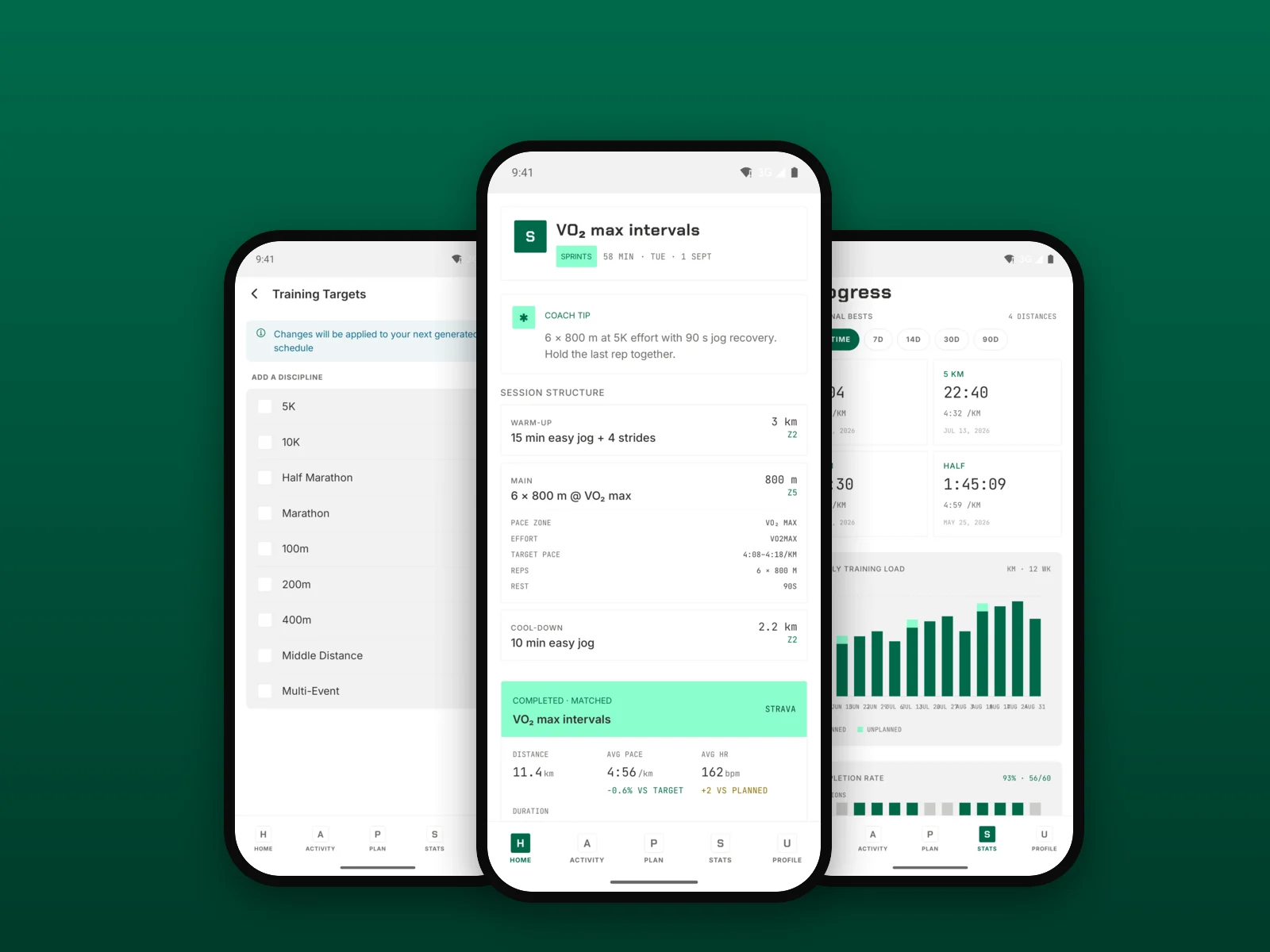 Three TrainPlan app screens: the training-target list from 100m to marathon, the progress dashboard and a session breakdown