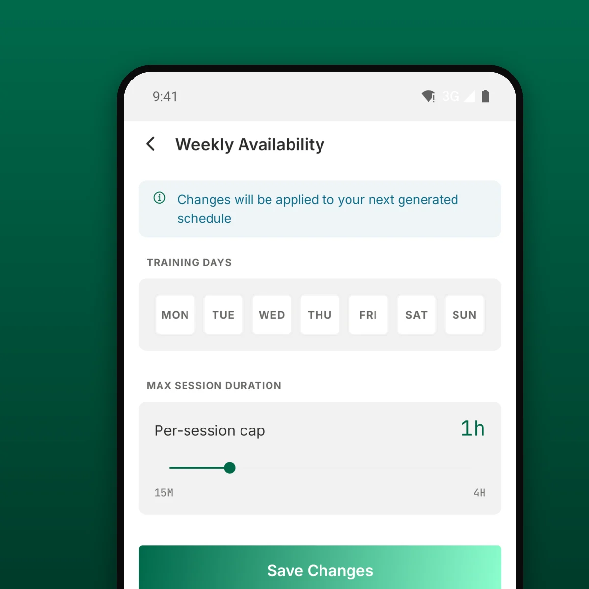 TrainPlan weekly availability screen with training-day toggles and a per-session duration cap