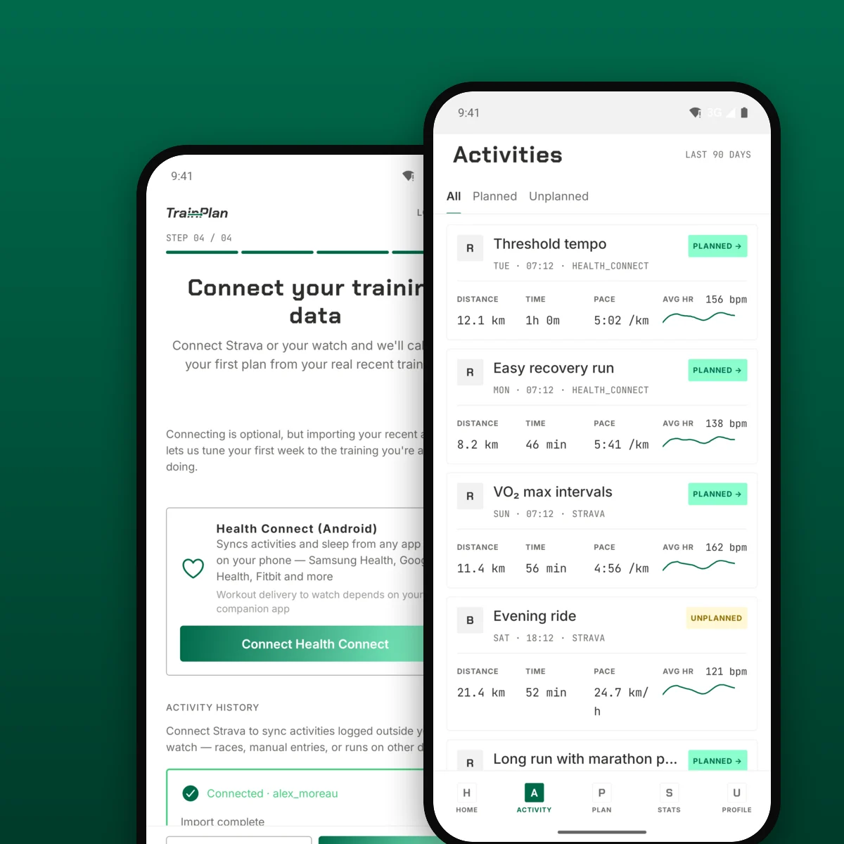 Two TrainPlan app screens: connecting a data source, and the activity list it fills