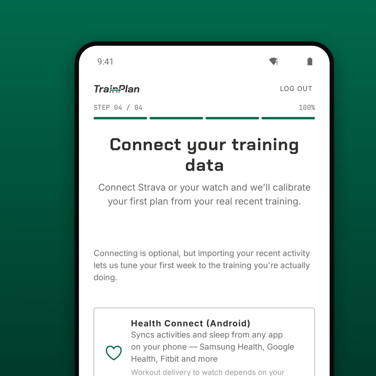 TrainPlan onboarding screen offering Health Connect and Strava, with Strava already connected