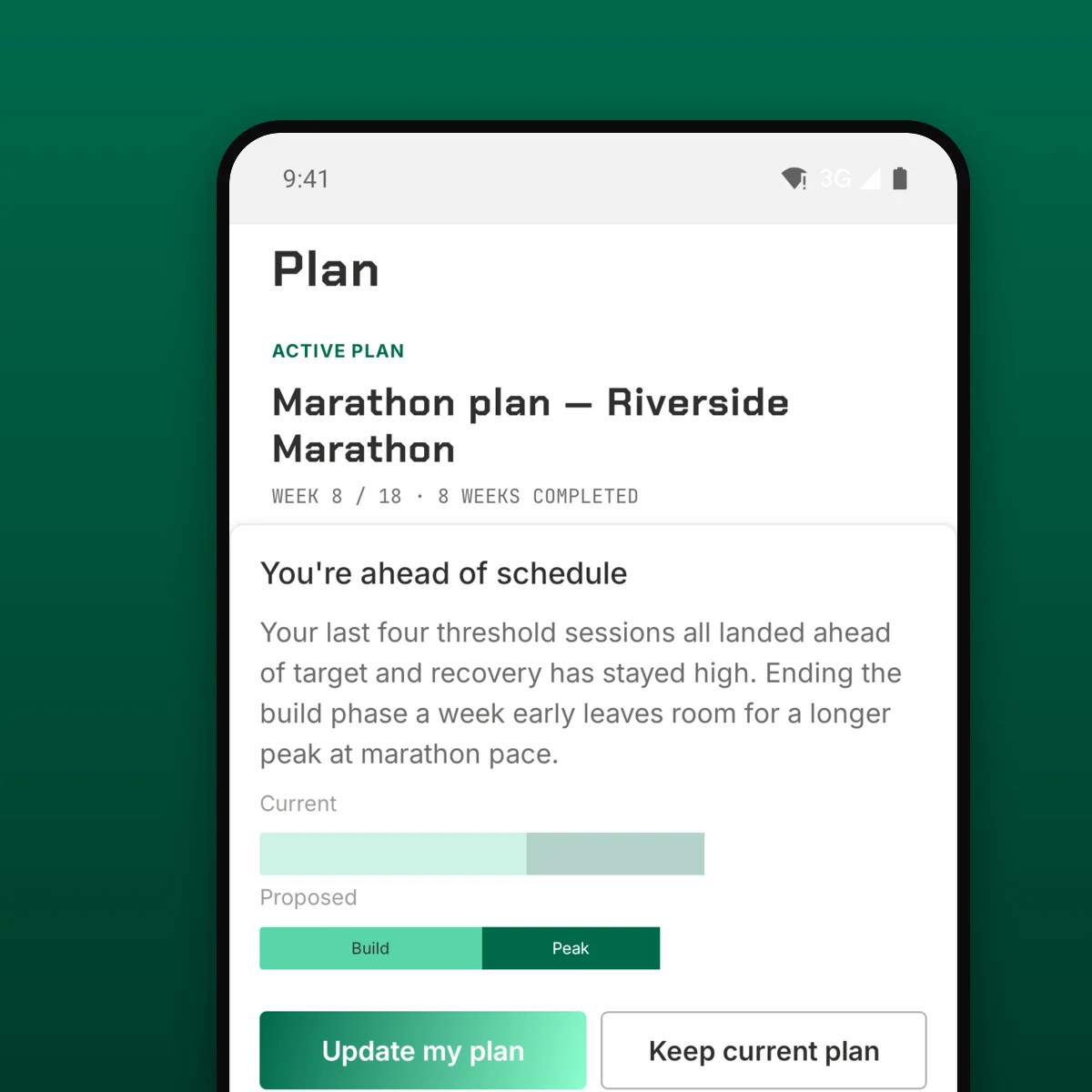 TrainPlan plan screen showing an 18-week marathon block with base, build, peak and taper phases