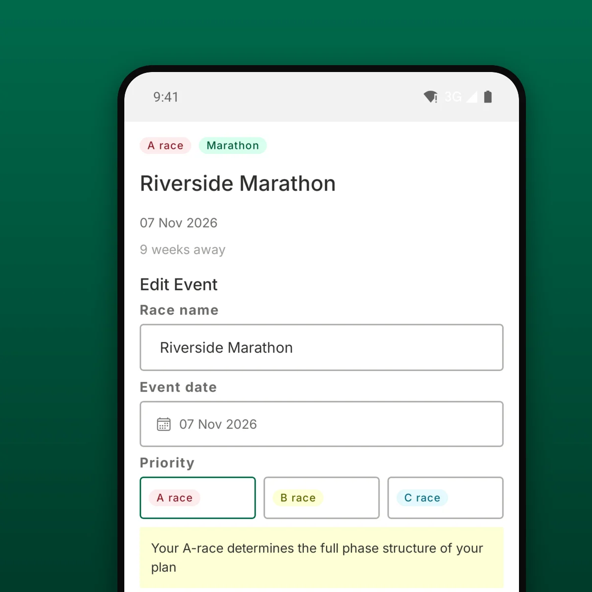TrainPlan race event screen with race name, date and an A, B or C priority selector