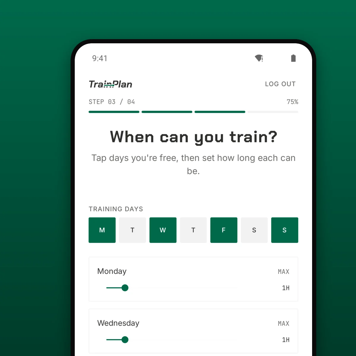 TrainPlan onboarding screen with training days selected and a maximum duration set per day